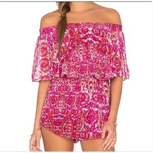 Show me your Mumu Rosarita Pomegranate Pink Off Shoulder Ruffle Boho Romper M
